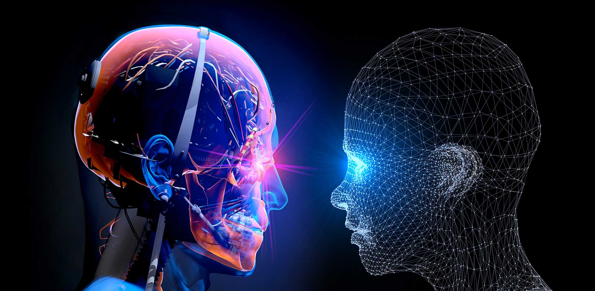 A human with a glowing pink skull looks at a wireframe human.