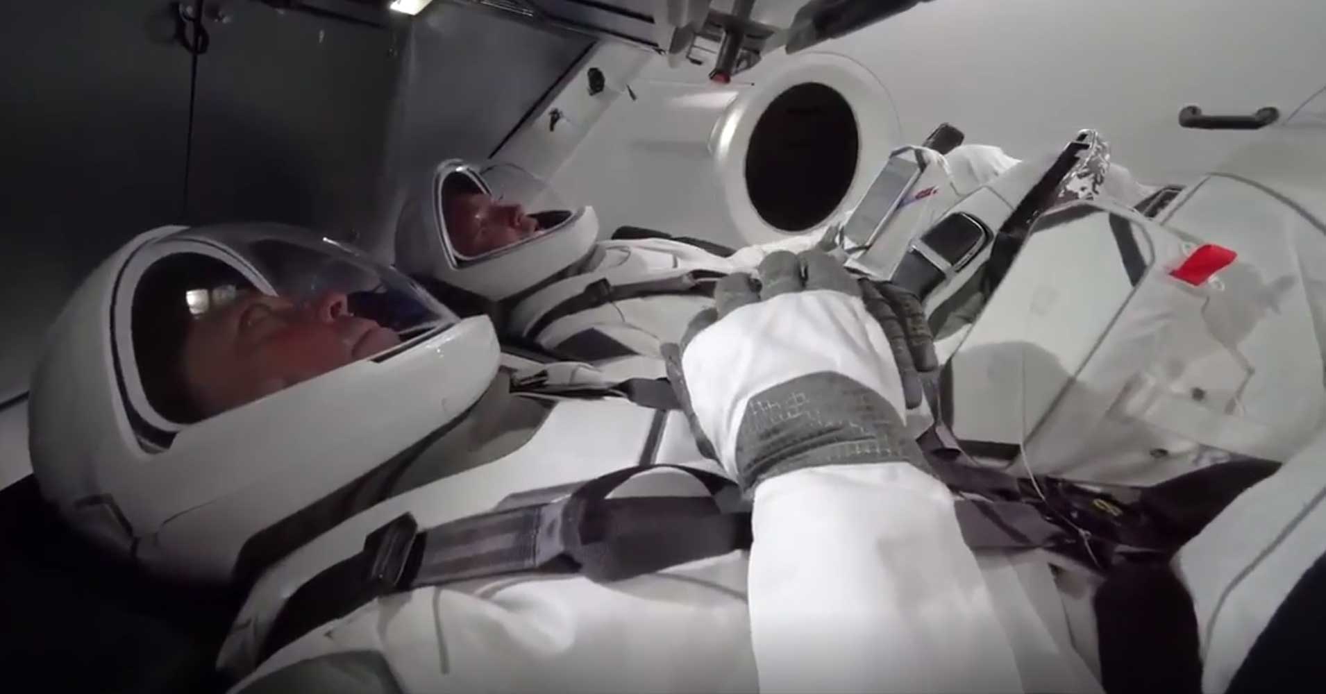 NASA posted a video to its Commercial Crew Twitter account of astronauts wearing SpaceX spacesuits while inside a Crew Dragon spacecraft.