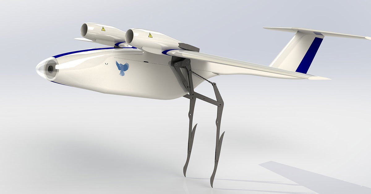 Passerine's drone uses its bird-like legs to jump into the air, overcoming a design flaw that plagues many other fixed-winged aircraft.