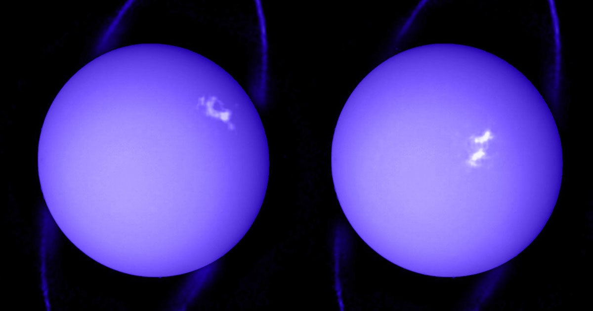 A newly released image taken by Hubble provides a stunning view of the massive storm currently covering the north pole of Uranus.