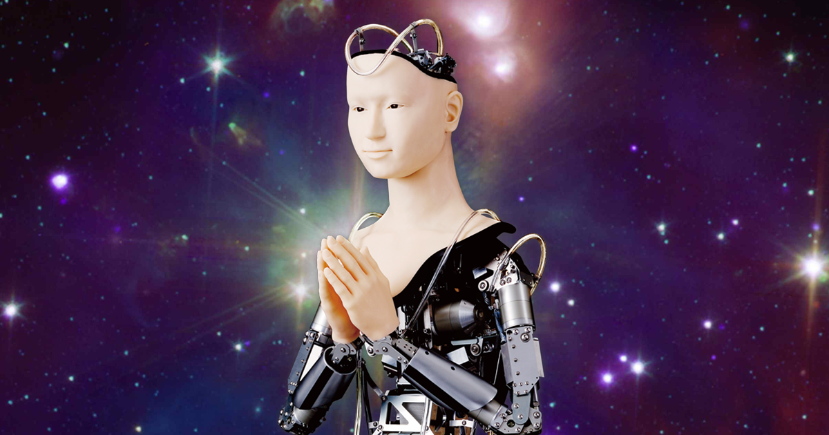 It's a strange, cyberpunk depiction of a robot goddess with exposed aluminum actuators and electronics and an androgynous human-like face.