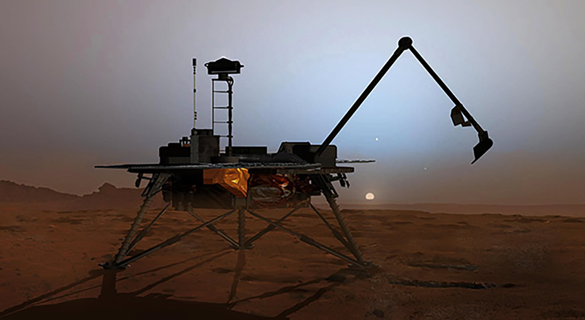 An asrtist's rendering of NASA's Phoenix lander flexing its robotic arm.