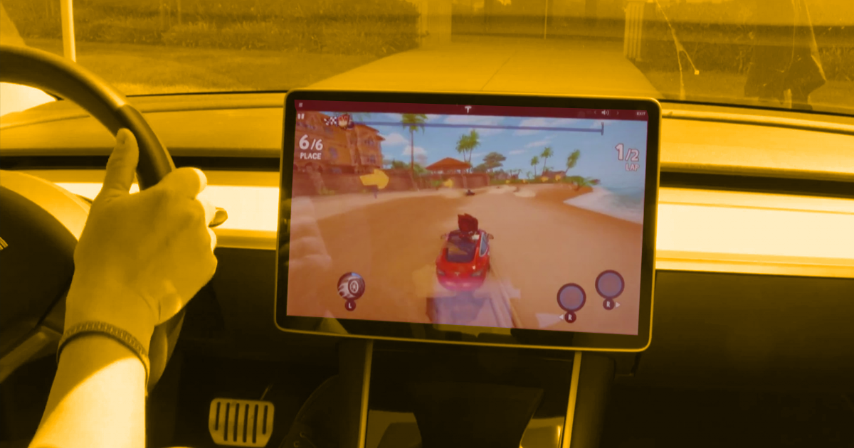 Rather than using a controller to command their virtual vehicles in a new Tesla racing game, drivers will use their car's actual steering wheel and brakes.