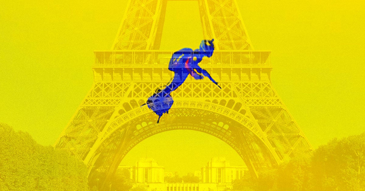To demonstrate the potential military benefits of the Flyboard Air, the inventor of the flying hoverboard rode it above a parade while wielding a rifle.