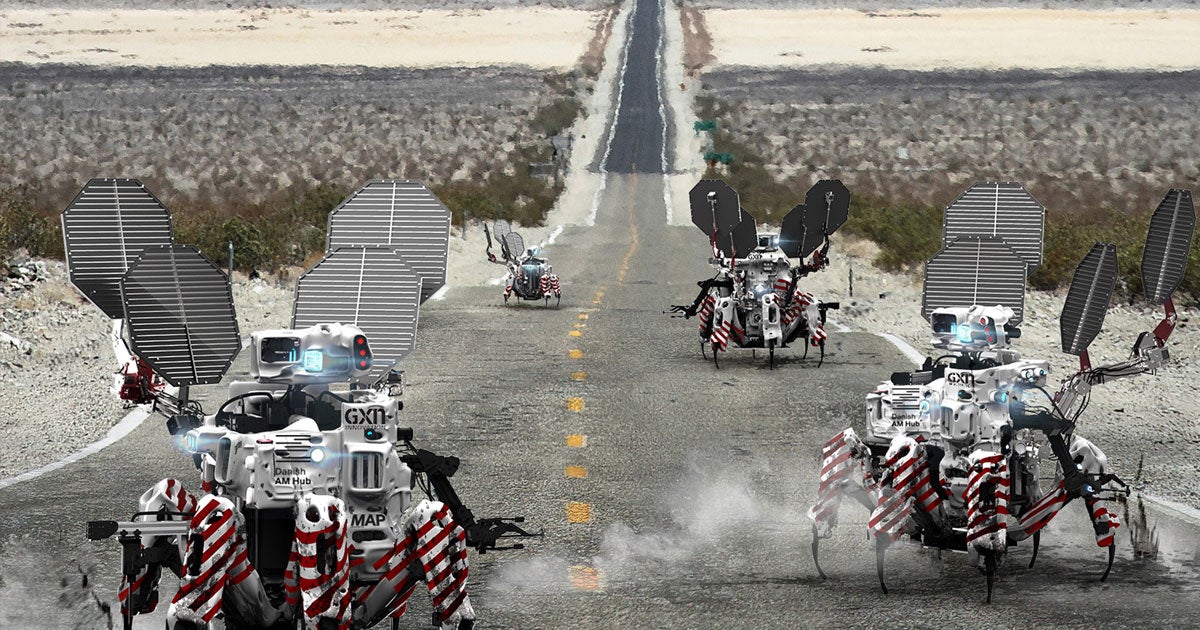 A Danish initiative imagines 3D printers that can walk, fly, and swim, navigating the world autonomously to repair roads, reefs, and high rises.