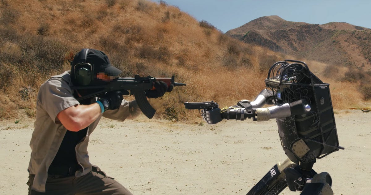 A military robot demonstrates its shooting skills in a new parody video created by Los Angeles-based production studio Corridor Digital.