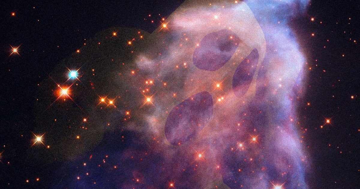 NASA has released an image for Halloween that looks like a ghostly face but is actually two galaxies colliding some 704 million light-years away.