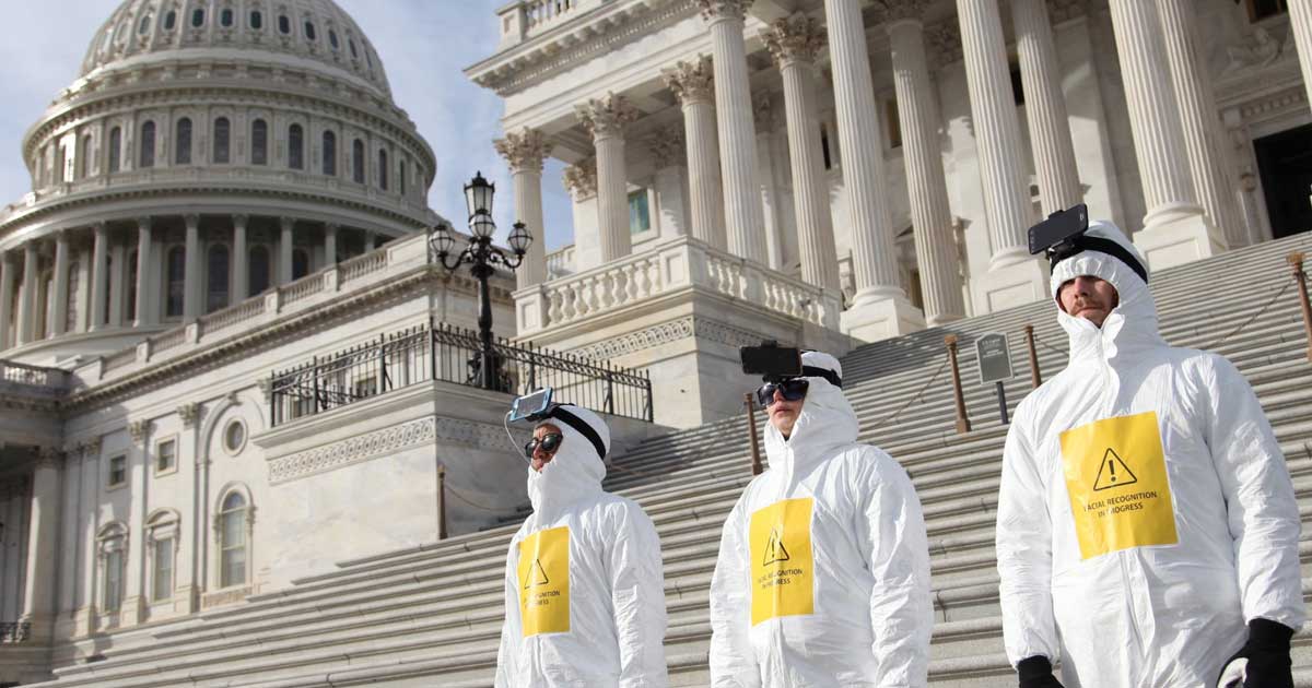 Using head-mounted cameras to scan faces in Washington, D.C., Fight for the Future protestors hoped to draw attention to facial recognition surveillance.