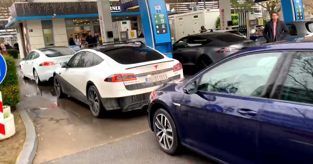 A group of Tesla owners in Croatia organized an ICEing protest at a gas station to bring attention to the problem of non-EVs blocking charging stations.