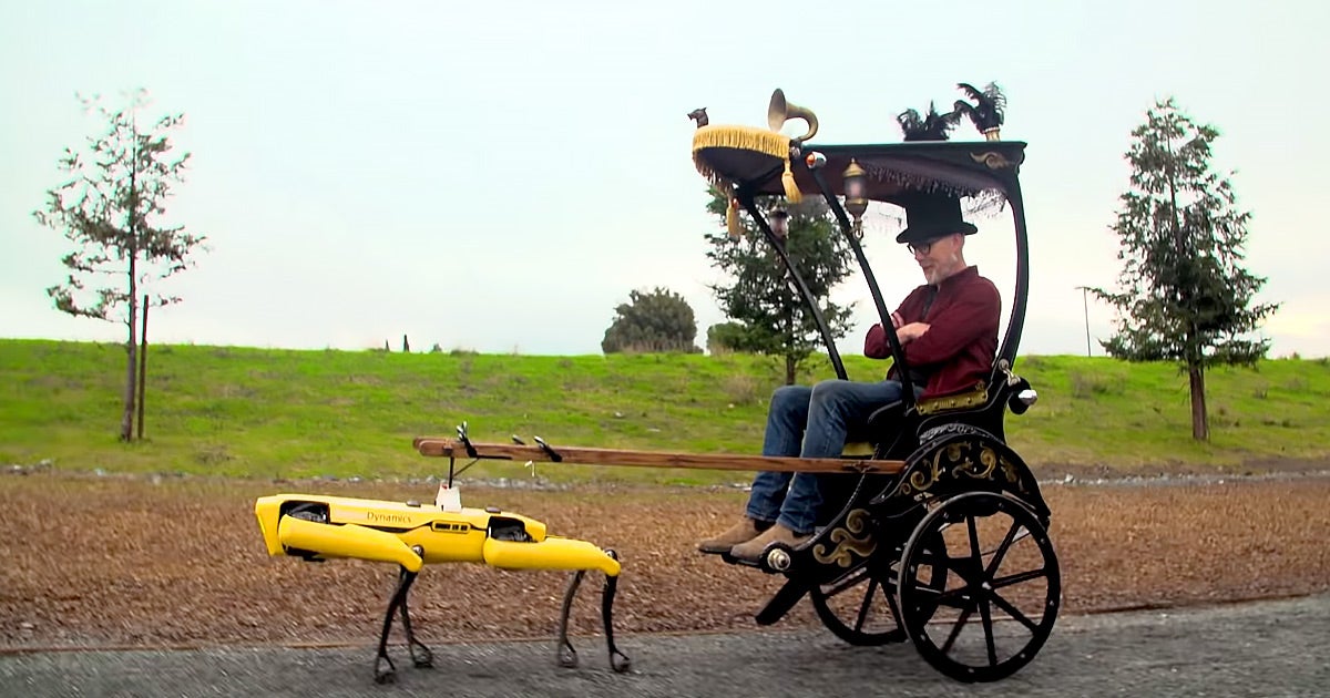 "Mythbusters" legend Adam Savage has built a one-person rickshaw carriage so that his Boston Dynamics Spot robot can lug him around.