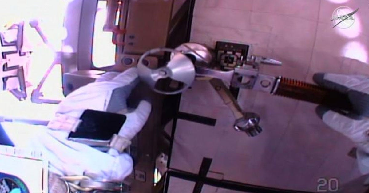 During an early-morning spacewalk, one of the wrist mirrors on NASA astronaut Chris Cassidy's spacesuit broke off almost immediately.