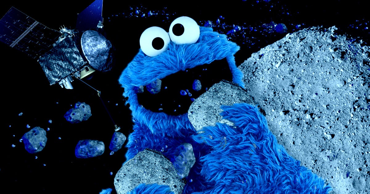 OSIRIS-REx took such a big bite out of the surface of Bennu, a near-Earth asteroid, it's "mouth" is jammed open, with bits of asteroid rubble falling out.