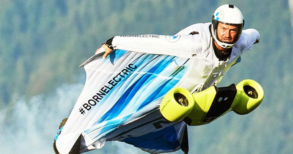 Engineers at BMW have created a chest-mounted set of electric motors that allow a wingsuit to accelerate to a blistering 186 mph.