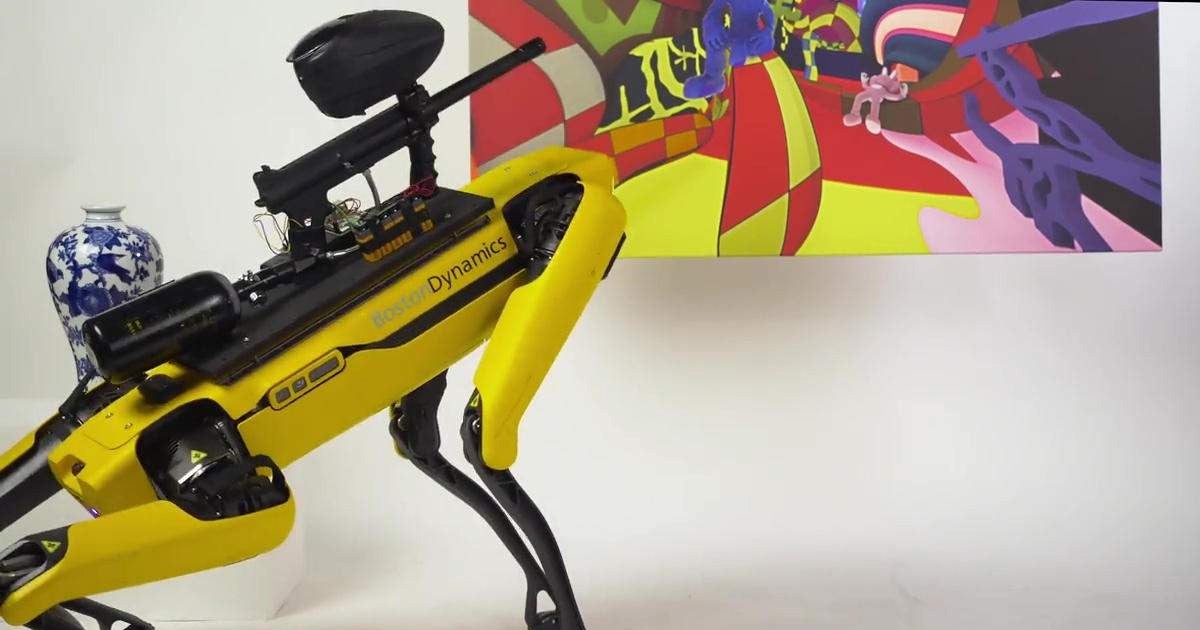 Mounting a paintball gun to the back of Boston Dynamics' Spot robot dog is taking the technology to its logical conclusion. The company thinks otherwise.