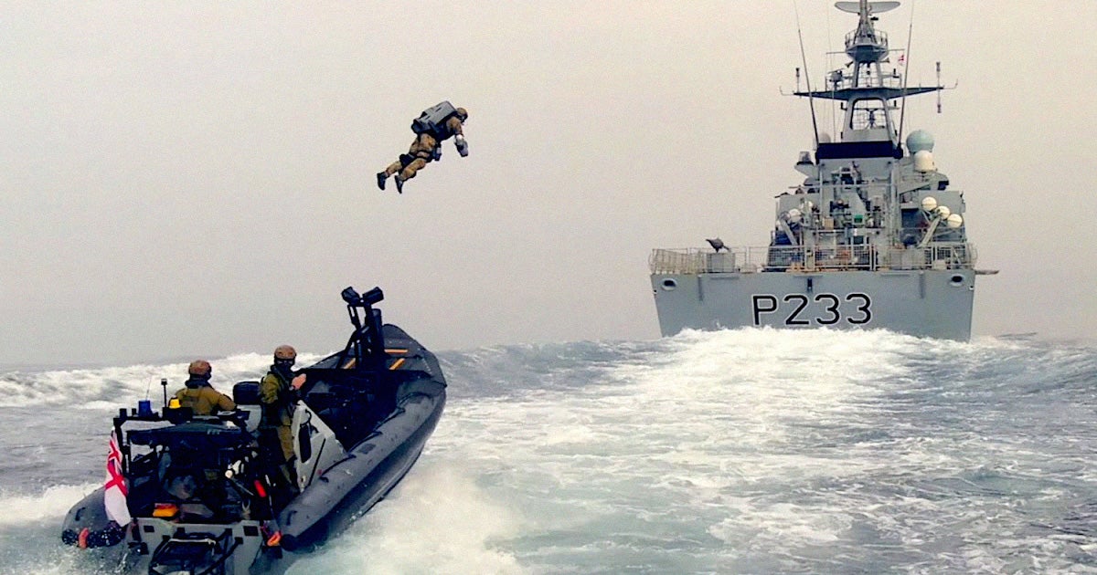 A new video uploaded by jetpack maker Gravity Industries shows a Royal Marine using a jet-powered suit to land on a nearby ship.