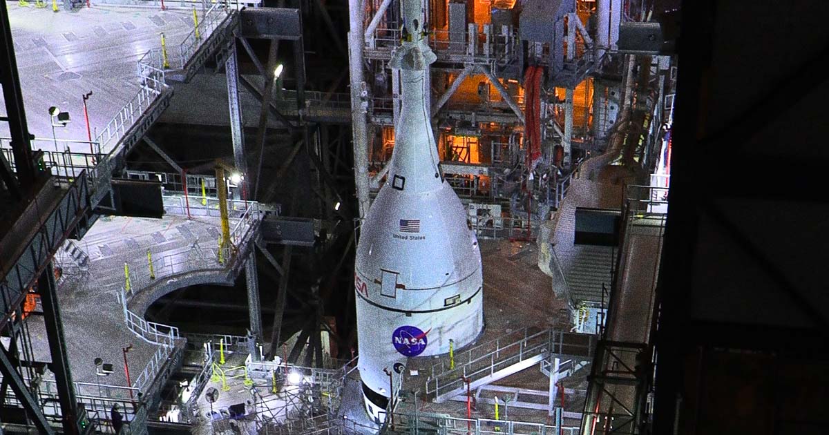 The agency fully assembled the Space-Launch System (SLS) rocket at the Kennedy Space Center in Florida on Thursday night.