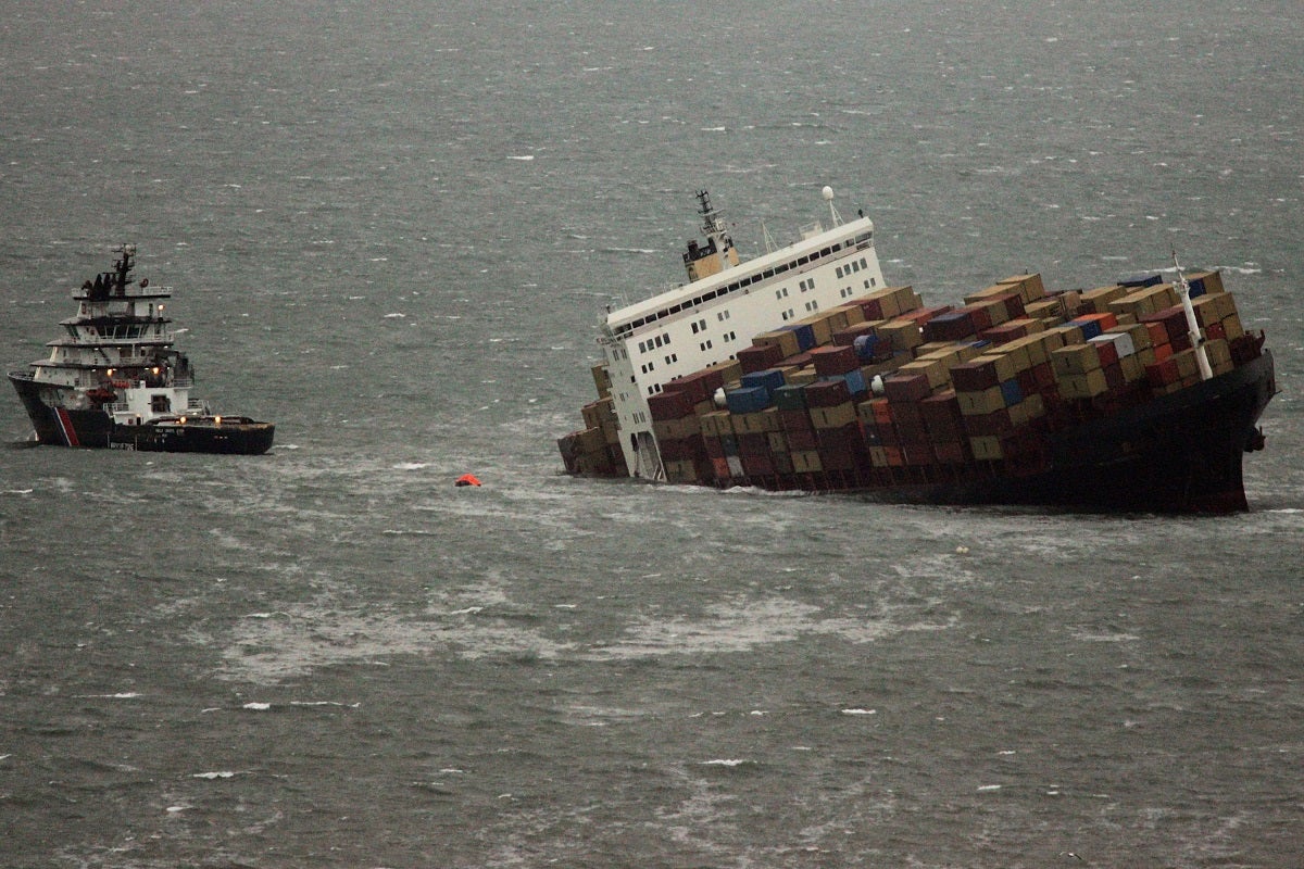A container ship encountered rough seas in Canadian waters on Friday, dropping several containers of "spontaneous combustibles."