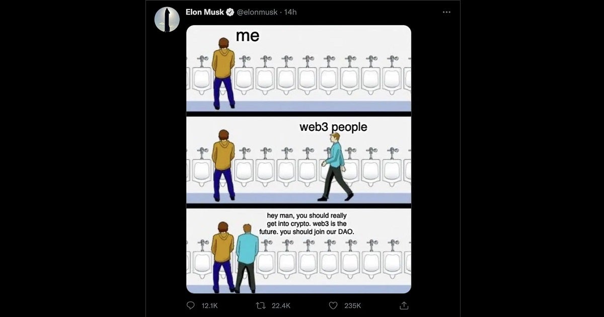 The Tesla CEO tweeted a meme portraying Web3 and DAo lovers as weird, crypto evangelicals pitching the concept to urinal neighbors. It crashed markets.