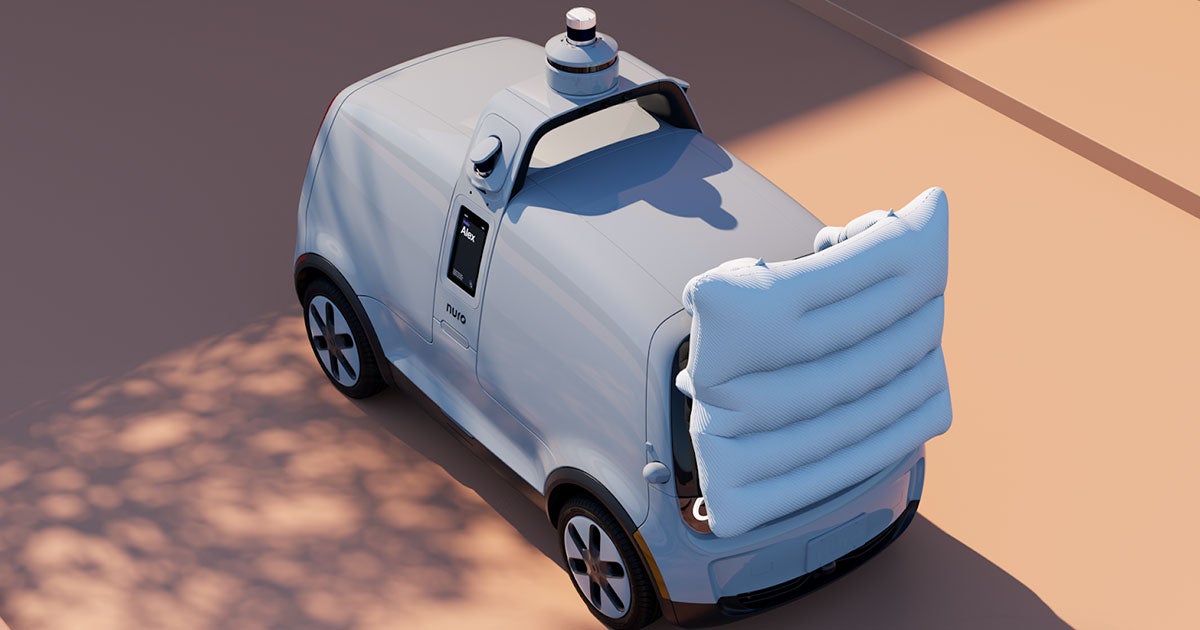 Autonomous driving startup Nuro has come up with a delivery vehicle that has a giant external-facing airbag in case it ever hits a cyclist or pedestrian.