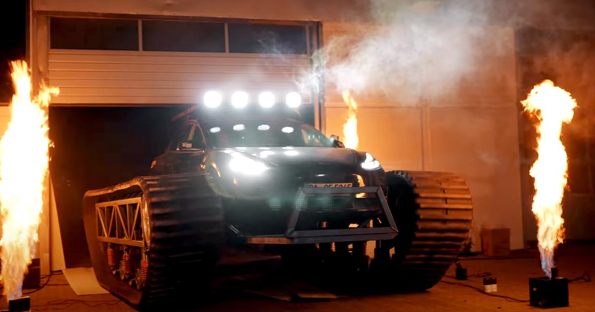 Watch two mechanics in Germany convert a Tesla Model 3 into a tank with chain tracks to go off-roading. Electric conversions are expensive but needed.
