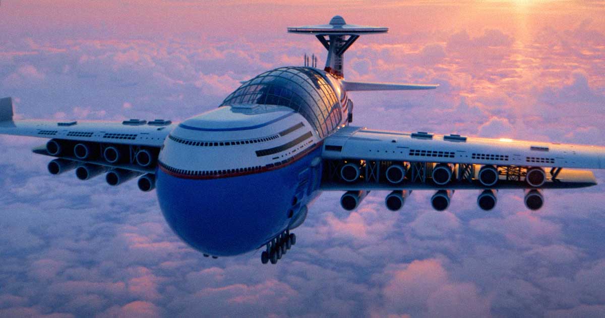It's definitely not a bird, but it is sort of a plane — it's the non-existent but admittedly very cool Sky Cruise, a fantastical nuclear-powered sky hotel.