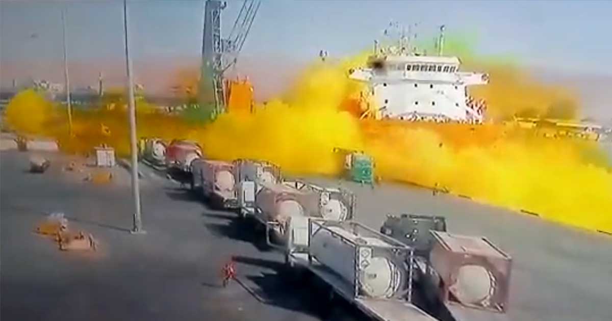 A massive cloud of yellow gas took the lives of at least 13 people after a crane accidentally dropped a chlorine gas tank onto a ship at a Jordanian port.
