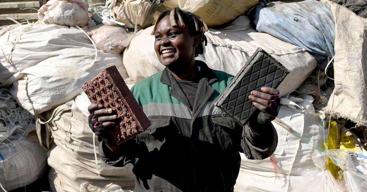 A Kenyan engineer Nzambi Matee has come up with a way to upcycle plastic trash — by pressing it with the addition of sand into usable bricks.