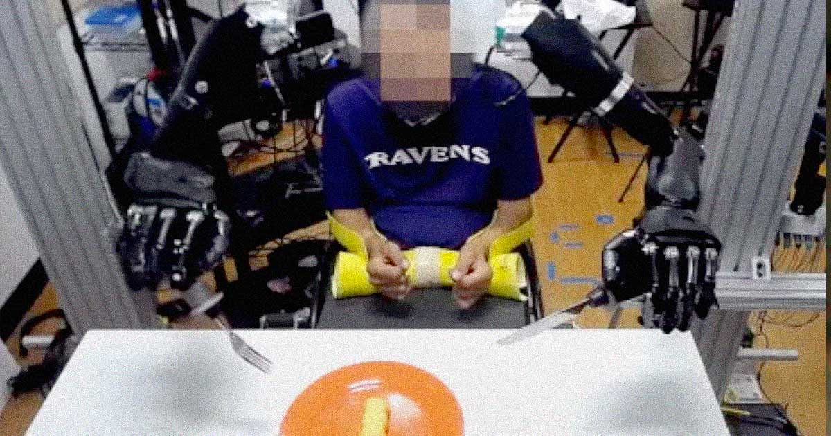 A pair of robotic arms allowed a partially paralyzed man to eat with a knife and fork, an impressive demonstration that could help many people.