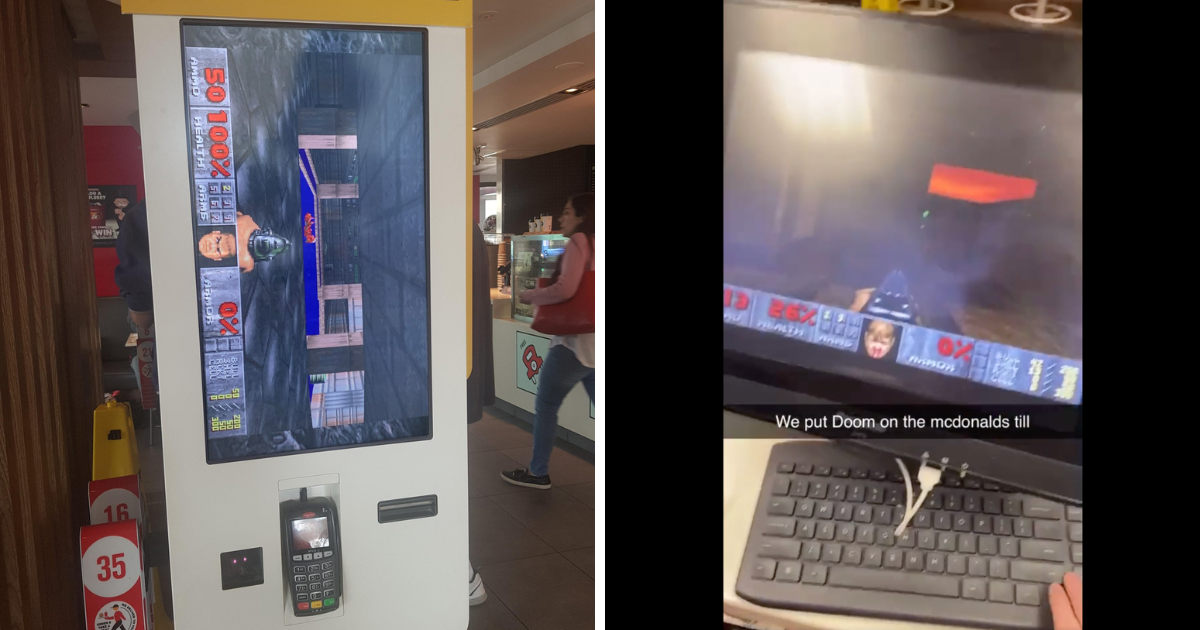 Doom fans spotted something wrong with a photo of the game running on a McDonald's kiosk — it's fake. Video shows a real fan playing Doom on a till, though.