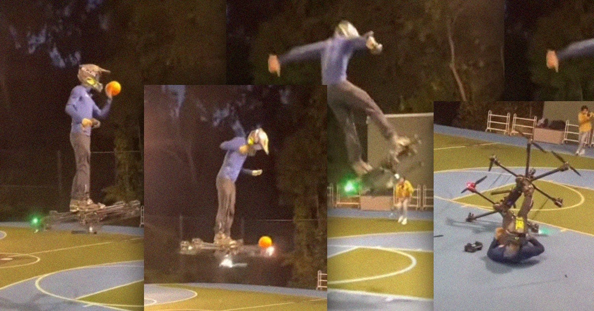 As seen in two new videos, real-life Green Goblin and drone rider Hunter Kowald took a plunge while playing a round of flying drone basketball.