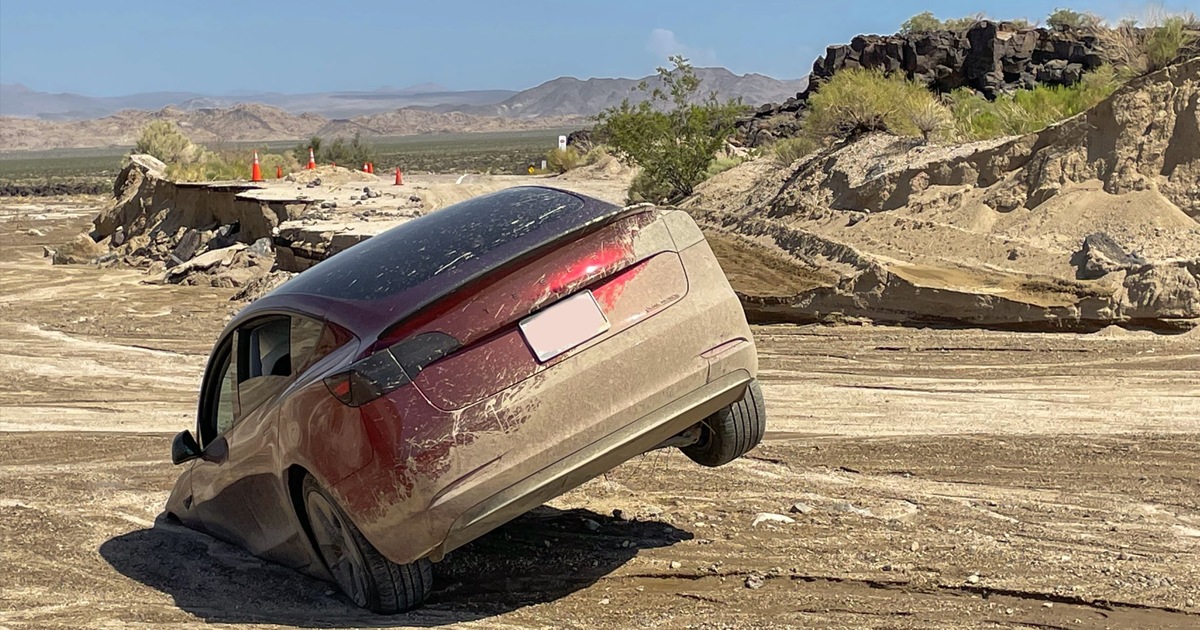 Flash floods in the Mojave National Deserve forced one unlucky Tesla Model 3 driver to abandon their vehicle after it got swallowed by the ground.