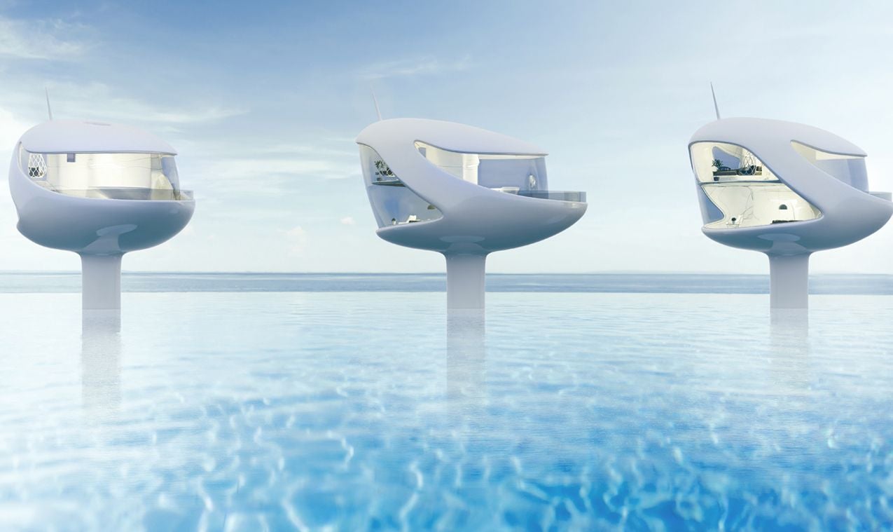 Ocean Builders has unveiled the SeaPod, a rounded, two-person luxury pod home that hovers above the ocean by way of buoyant, air-filled steel tubes.