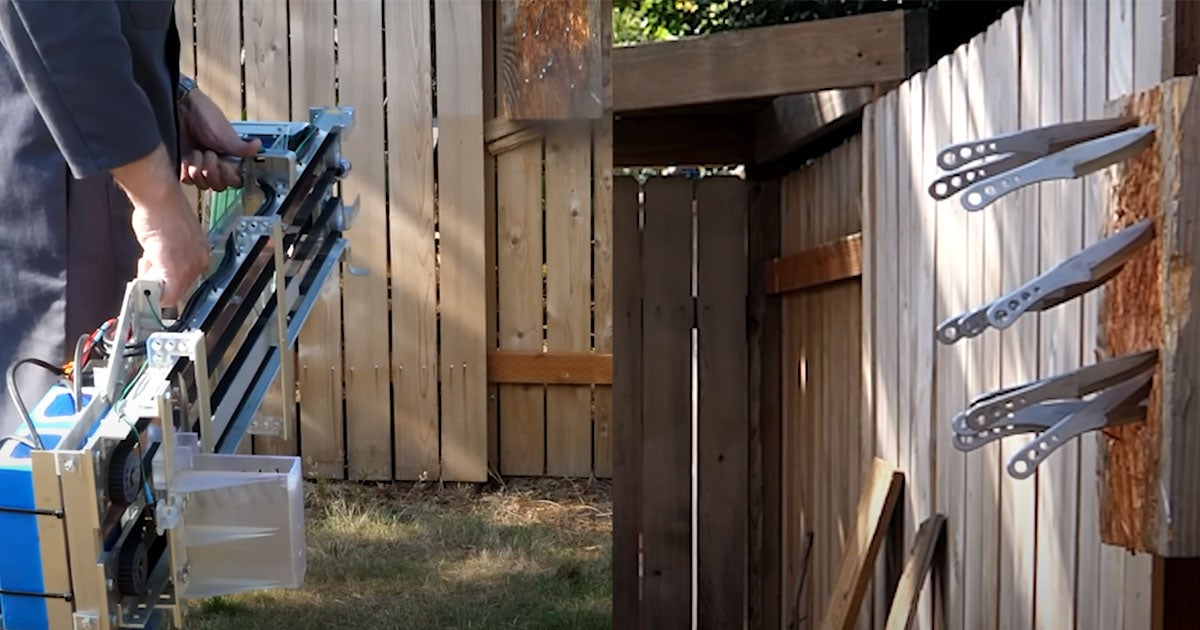 A laser-sighted, automatic gun that shoots knives with deadly accuracy -- the perfect weapon for a hypothetical zombie apocalypse?