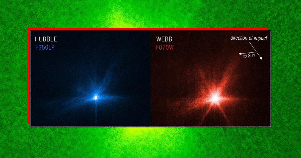 The Hubble and James Webb space telescopes have teamed up, for the first time, to capture outstanding views of NASA's DART asteroid-smashing mission.