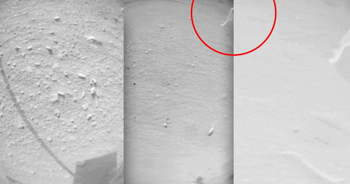 NASA's Ingenuity Mars helicopter has spotted some strange junk briefly hanging from one of its landing legs like an errant piece of toilet paper.