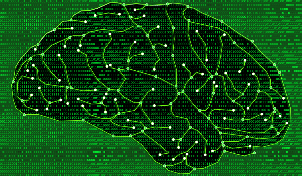 A green background filled with code text with a brain in the foreground.