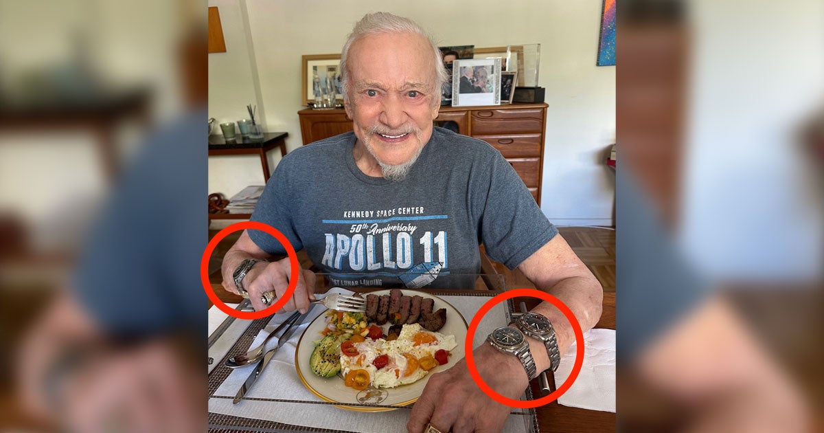 A recent image shared by NASA astronaut legend Buzz Aldrin shows him tucking into a hearty breakfast while wearing three watches.