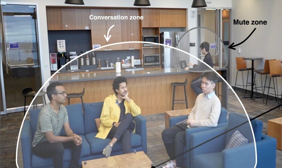 A speaker comprising tiny robots can deploy multiple microphones to create speech zones that allow it to separate and mute conversations.