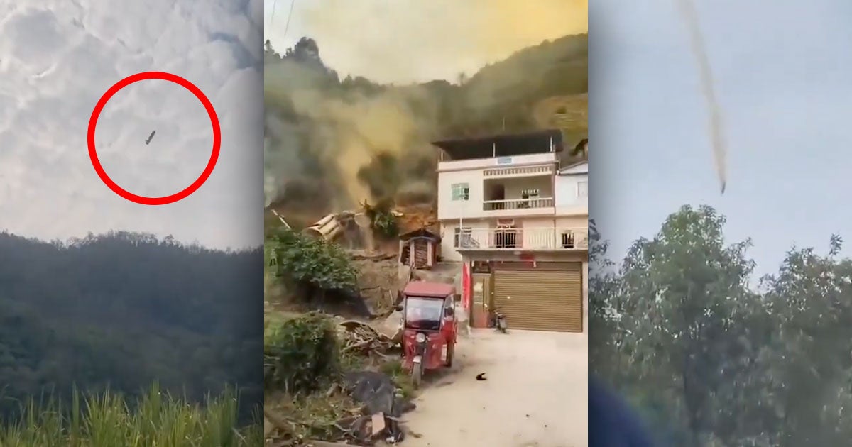 Videos show what appears to be a pair of Chinese rocket boosters crashing in inhabited areas in the country's Sichuan province.