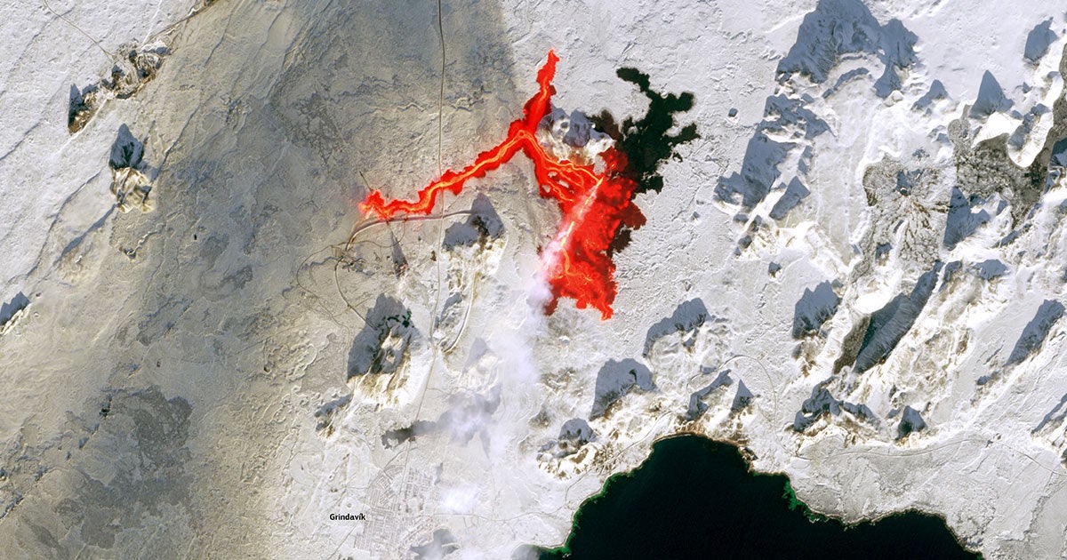 So much lava is spewing forth from an erupting volcano in Iceland, it can be spotted from space, as seen in a recent satellite image.