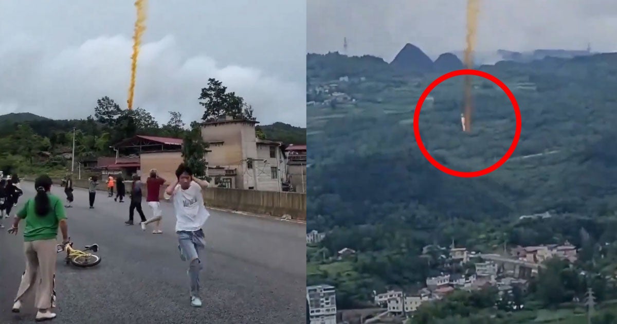 Images and a terrifying video circulating on social media show Chinese rocket parts crashing down over a village in southwest China.