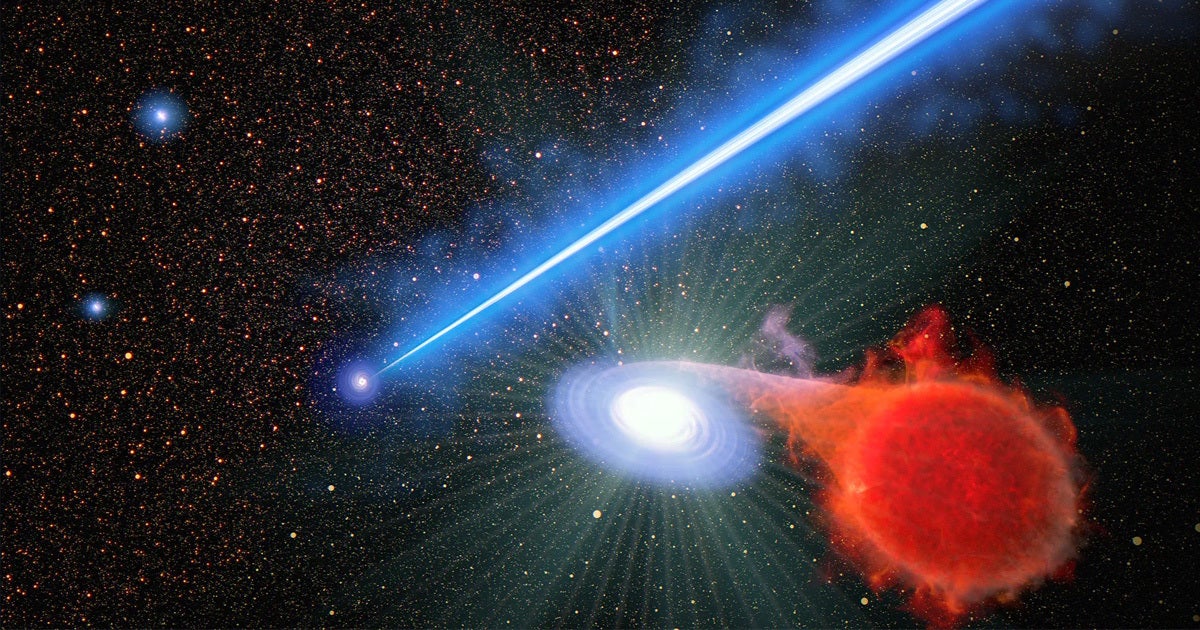 A supermassive black hole is shooting out a jet so intense it's causing stars along its path to erupt in explosions called novas.