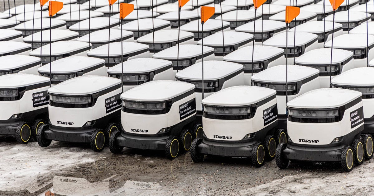 A Starship delivery robot, which are used on campuses across the US, suddenly changed direction and struck a woman crossing the sidewalk.