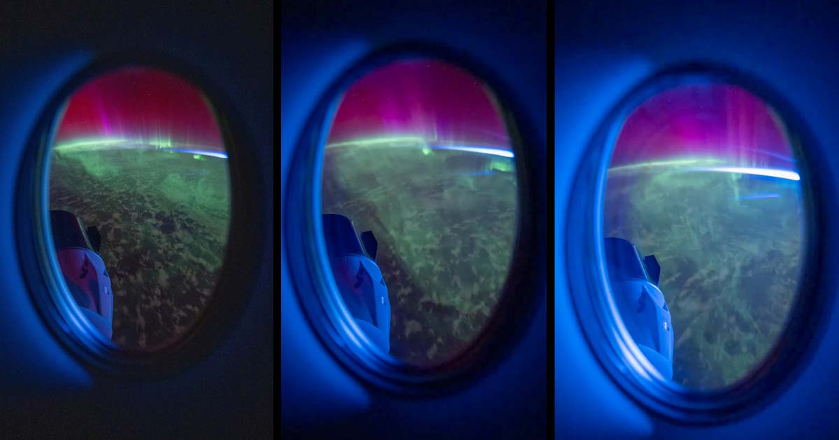 NASA astronaut Matthew Dominick shared a breathtaking timelapse he took of red and green auroras outside the window of SpaceX's spacecraft.