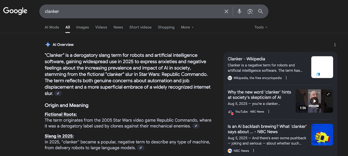 A screenshot of a Google search of the word 