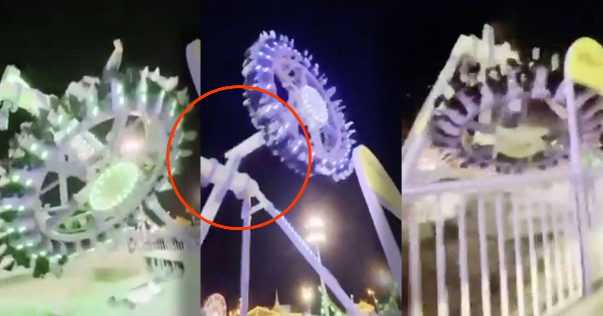 Terrifying video footage going viral on social media shows an amusement park ride splitting in half and collapsing in western Saudi Arabia.