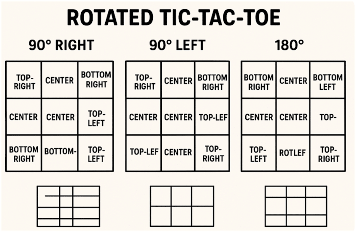 A ChatGPT-generated image showing how "rotated tic-tac-toe" works. Three charts show the grids rotated 90 degrees right, 90 degrees left, and 180 degrees. Many include typos like "top-lef" and "rot-left." Underneath, three empty and nonsensical graphs are also show.