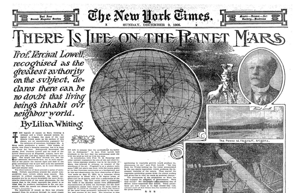 A New York Times story from December 1906 claiming that incontrovertible proof of intelligent life had been found on the planet Mars.