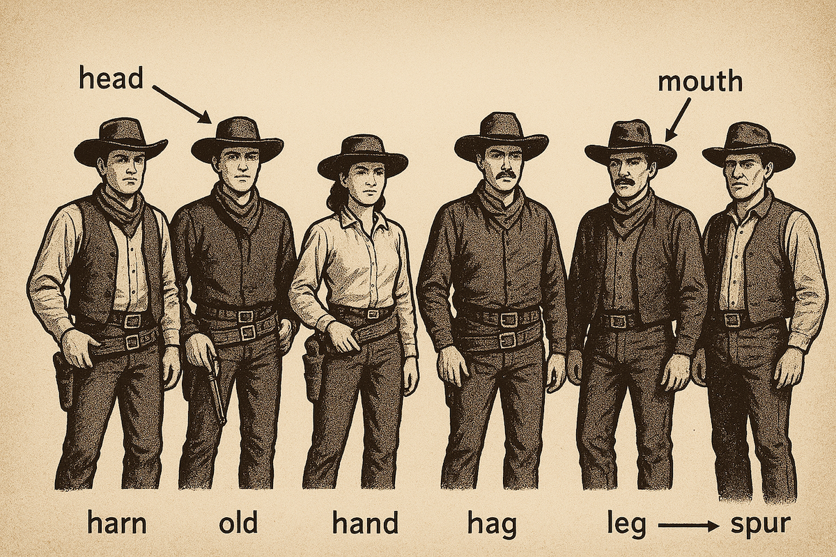 A bizarre GPT-5-generated image of a six-person cowboy posse with strangely-named body parts labeled. Up top, the second on the left cowboy's hat is labeled "head," while the second-to-last's hat is labeled "mouth." On bottom, each of the six gunslingers — two men, a woman, and three other men from left to right — have bizarre labels beneath them that read "harn, old, hand, hag, leg -> spur." Image via ChatGPT/Futurism.