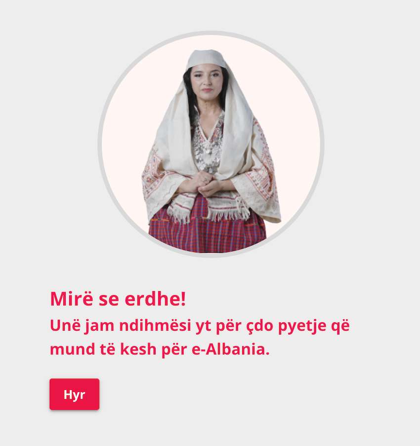 Diella, the AI avatar for e-Albania, the country's government service portal. The avatar's message, translated to English, reads: Welcome! I am your assistant for any question you may have about e-Albania. Image via e-Albania/screenshot.